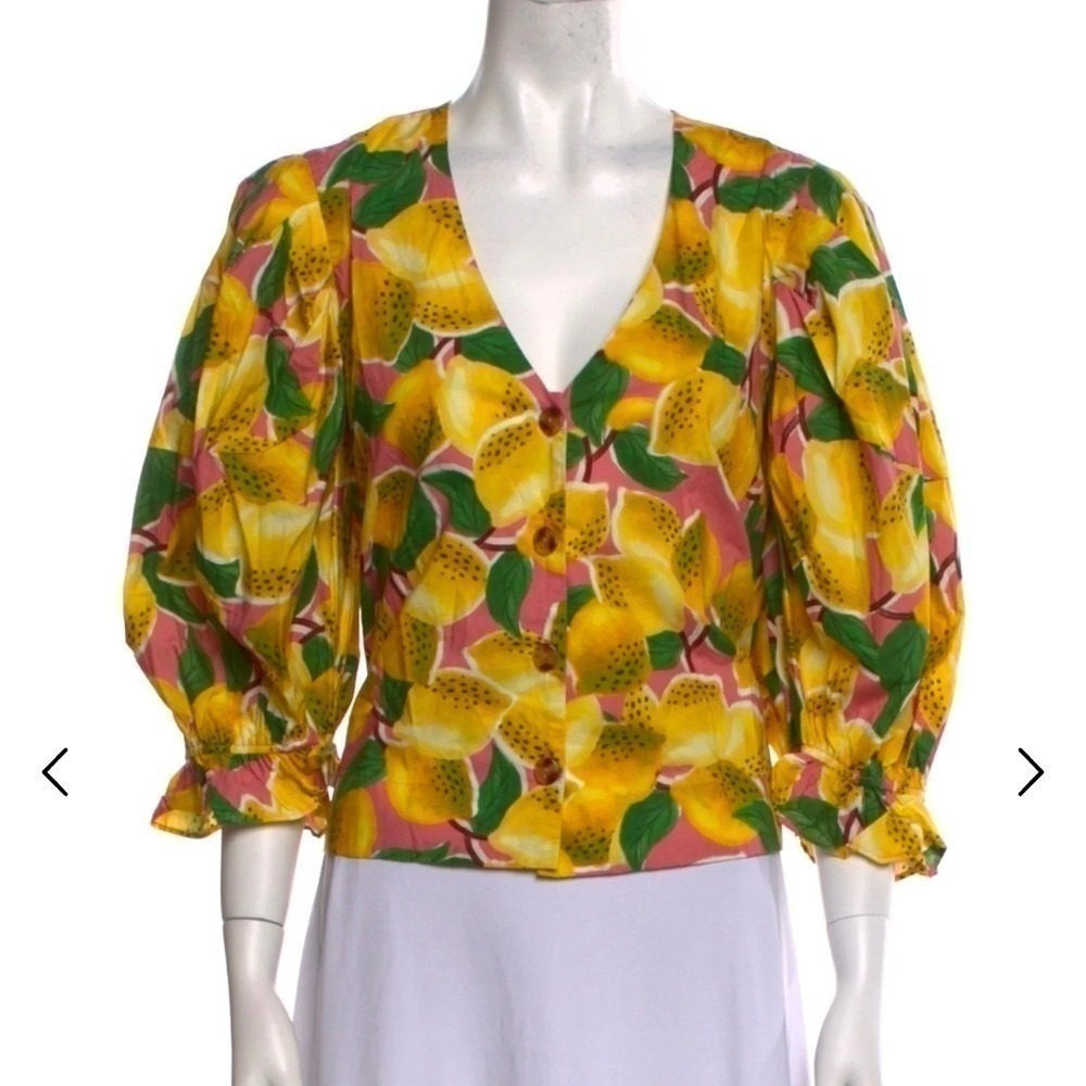 Farm Rio Fresh Lemons Shirt Womens S Pink Yellow Tropical Fruit Puff Blouse NWT
